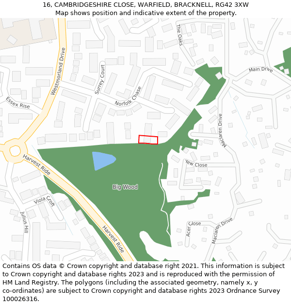 16, CAMBRIDGESHIRE CLOSE, WARFIELD, BRACKNELL, RG42 3XW: Location map and indicative extent of plot