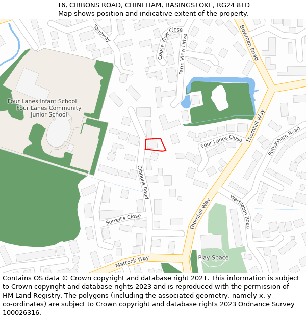 16, CIBBONS ROAD, CHINEHAM, BASINGSTOKE, RG24 8TD: Location map and indicative extent of plot