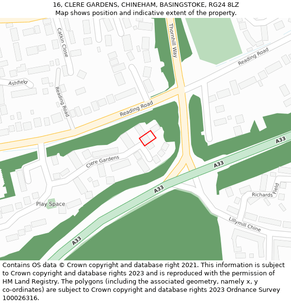 16, CLERE GARDENS, CHINEHAM, BASINGSTOKE, RG24 8LZ: Location map and indicative extent of plot