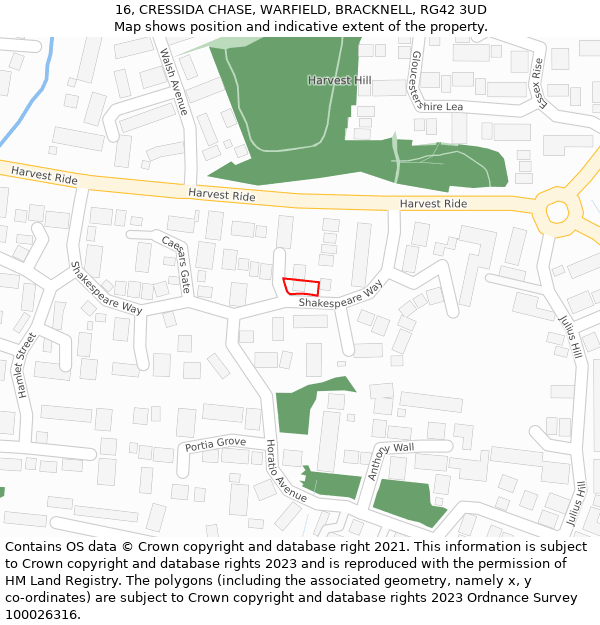 16, CRESSIDA CHASE, WARFIELD, BRACKNELL, RG42 3UD: Location map and indicative extent of plot