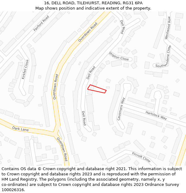 16, DELL ROAD, TILEHURST, READING, RG31 6PA: Location map and indicative extent of plot