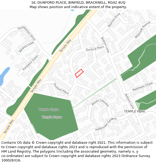 16, DUNFORD PLACE, BINFIELD, BRACKNELL, RG42 4UQ: Location map and indicative extent of plot