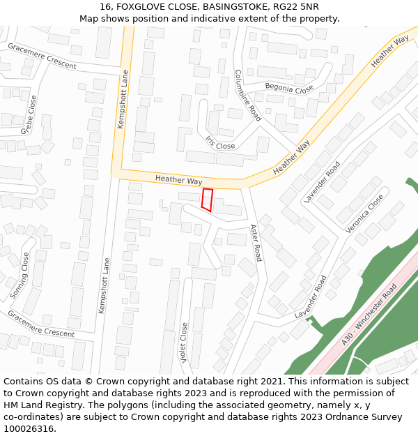 16, FOXGLOVE CLOSE, BASINGSTOKE, RG22 5NR: Location map and indicative extent of plot