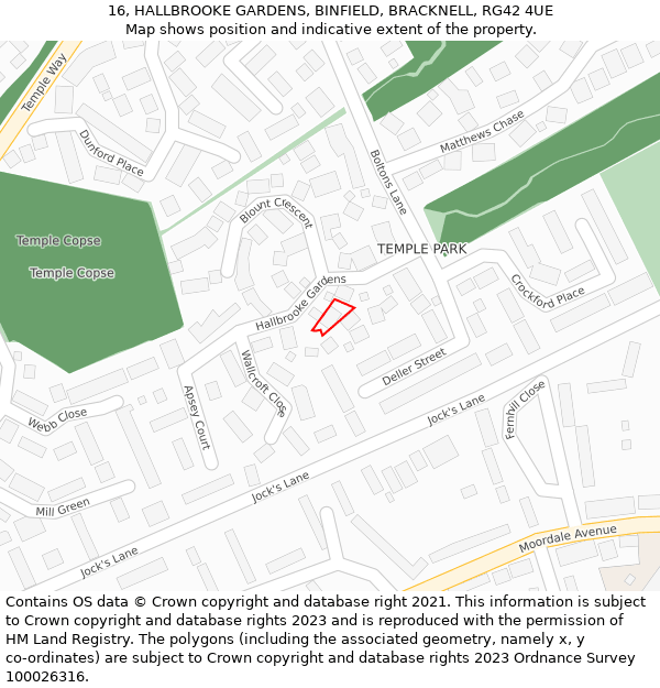 16, HALLBROOKE GARDENS, BINFIELD, BRACKNELL, RG42 4UE: Location map and indicative extent of plot