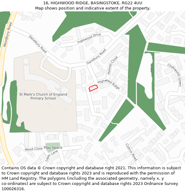 16, HIGHWOOD RIDGE, BASINGSTOKE, RG22 4UU: Location map and indicative extent of plot