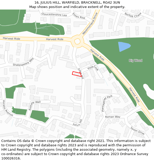 16, JULIUS HILL, WARFIELD, BRACKNELL, RG42 3UN: Location map and indicative extent of plot