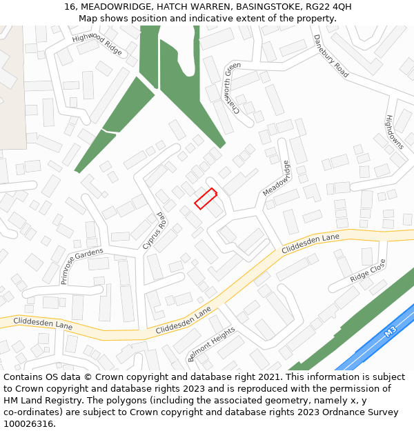 16, MEADOWRIDGE, HATCH WARREN, BASINGSTOKE, RG22 4QH: Location map and indicative extent of plot