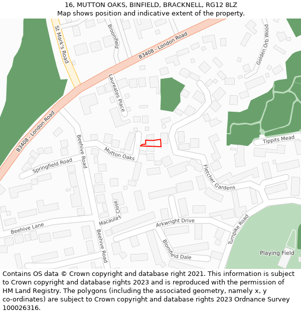 16, MUTTON OAKS, BINFIELD, BRACKNELL, RG12 8LZ: Location map and indicative extent of plot