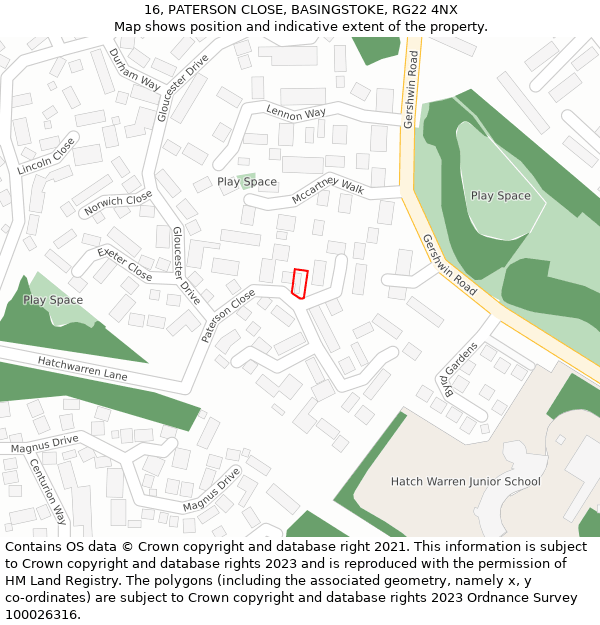 16, PATERSON CLOSE, BASINGSTOKE, RG22 4NX: Location map and indicative extent of plot