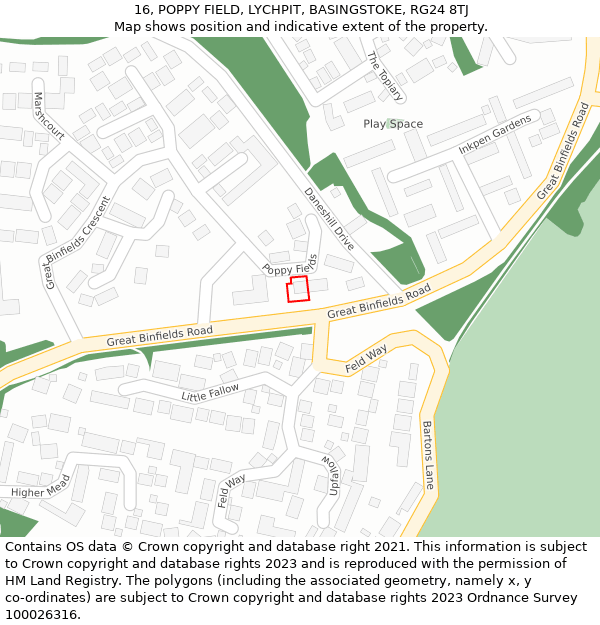 16, POPPY FIELD, LYCHPIT, BASINGSTOKE, RG24 8TJ: Location map and indicative extent of plot