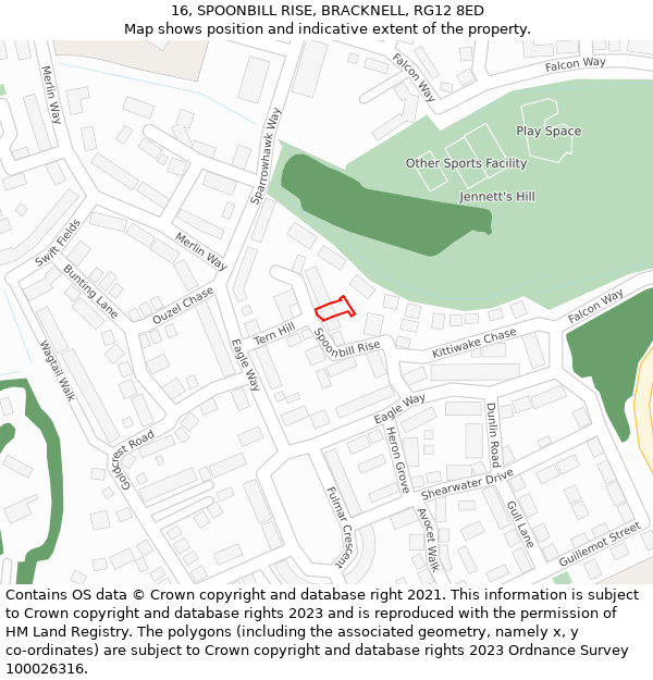 16, SPOONBILL RISE, BRACKNELL, RG12 8ED: Location map and indicative extent of plot