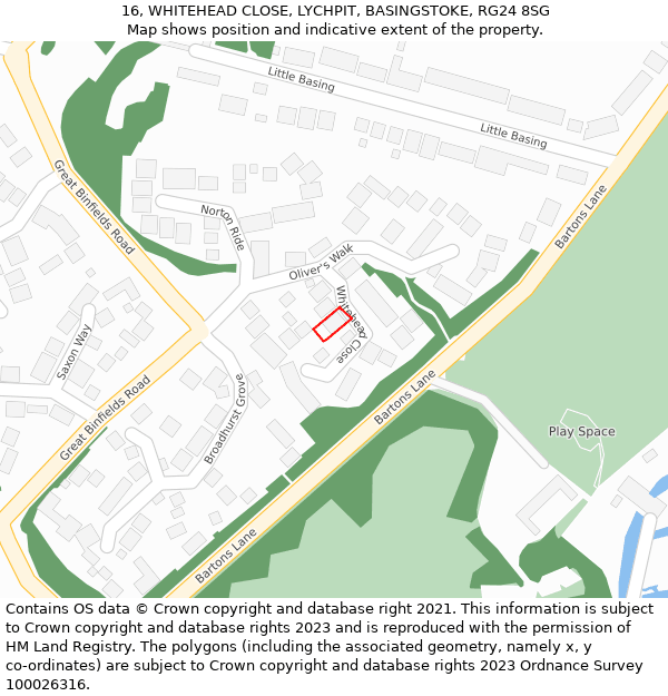 16, WHITEHEAD CLOSE, LYCHPIT, BASINGSTOKE, RG24 8SG: Location map and indicative extent of plot