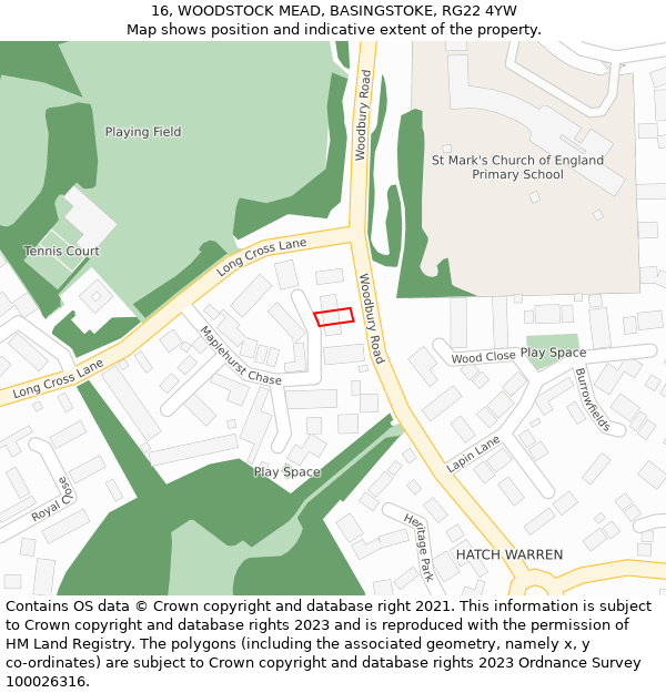 16, WOODSTOCK MEAD, BASINGSTOKE, RG22 4YW: Location map and indicative extent of plot