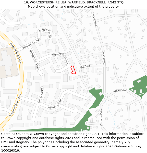 16, WORCESTERSHIRE LEA, WARFIELD, BRACKNELL, RG42 3TQ: Location map and indicative extent of plot