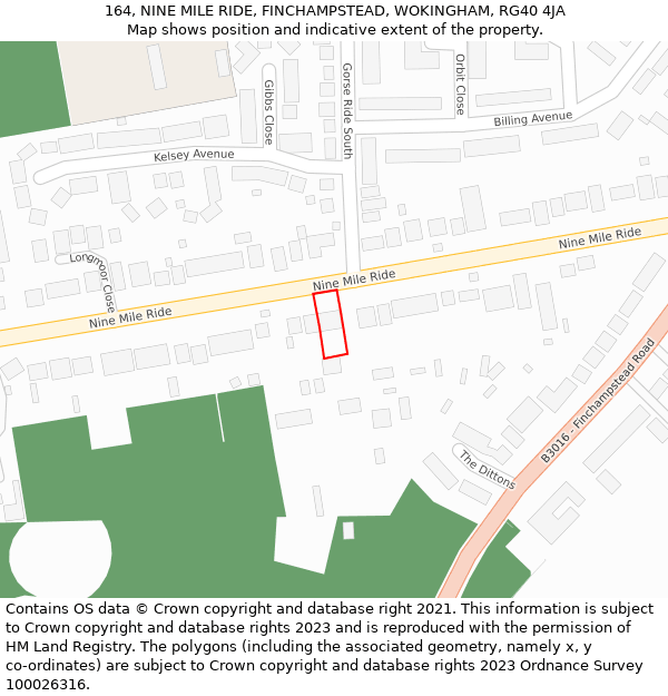 164, NINE MILE RIDE, FINCHAMPSTEAD, WOKINGHAM, RG40 4JA: Location map and indicative extent of plot
