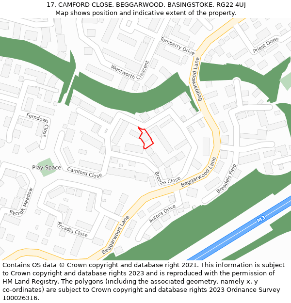 17, CAMFORD CLOSE, BEGGARWOOD, BASINGSTOKE, RG22 4UJ: Location map and indicative extent of plot