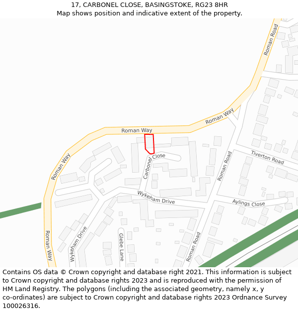 17, CARBONEL CLOSE, BASINGSTOKE, RG23 8HR: Location map and indicative extent of plot