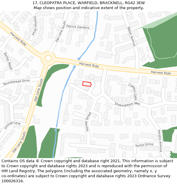 17, CLEOPATRA PLACE, WARFIELD, BRACKNELL, RG42 3EW: Location map and indicative extent of plot