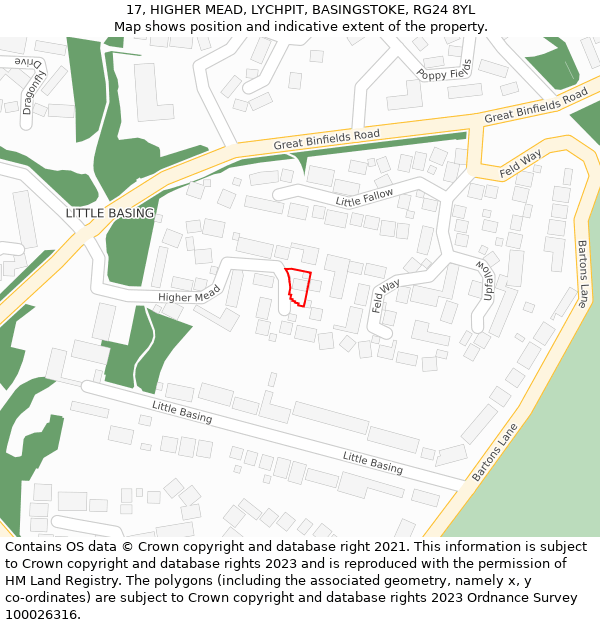 17, HIGHER MEAD, LYCHPIT, BASINGSTOKE, RG24 8YL: Location map and indicative extent of plot