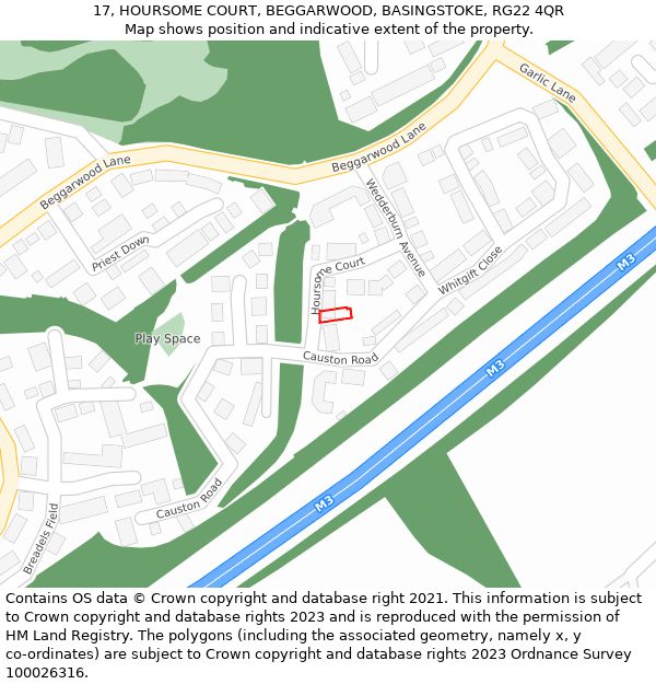 17, HOURSOME COURT, BEGGARWOOD, BASINGSTOKE, RG22 4QR: Location map and indicative extent of plot