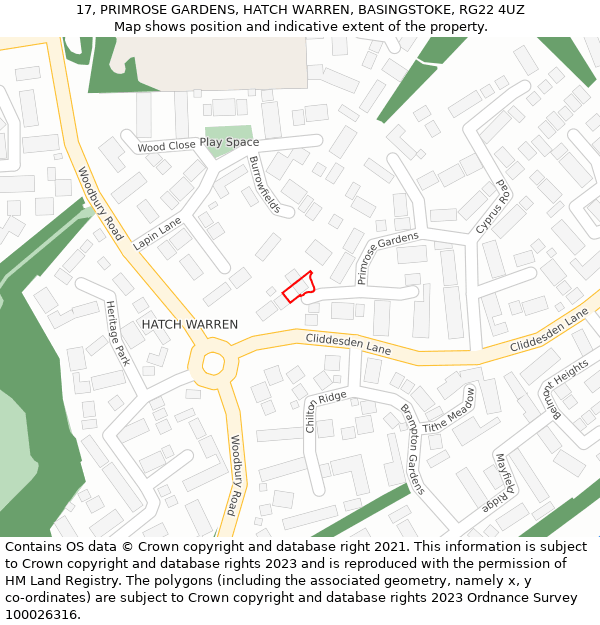 17, PRIMROSE GARDENS, HATCH WARREN, BASINGSTOKE, RG22 4UZ: Location map and indicative extent of plot