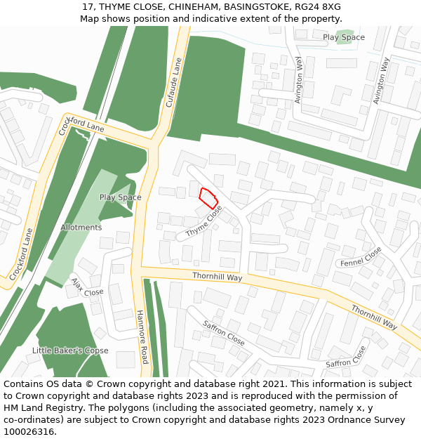 17, THYME CLOSE, CHINEHAM, BASINGSTOKE, RG24 8XG: Location map and indicative extent of plot