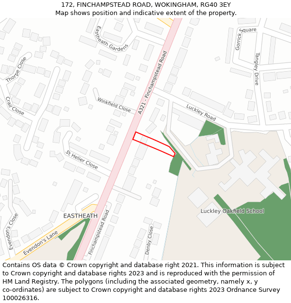172, FINCHAMPSTEAD ROAD, WOKINGHAM, RG40 3EY: Location map and indicative extent of plot