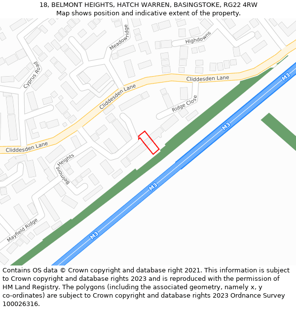 18, BELMONT HEIGHTS, HATCH WARREN, BASINGSTOKE, RG22 4RW: Location map and indicative extent of plot