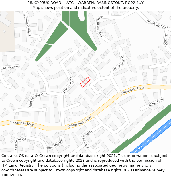 18, CYPRUS ROAD, HATCH WARREN, BASINGSTOKE, RG22 4UY: Location map and indicative extent of plot