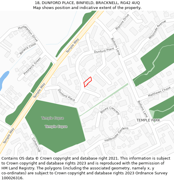 18, DUNFORD PLACE, BINFIELD, BRACKNELL, RG42 4UQ: Location map and indicative extent of plot