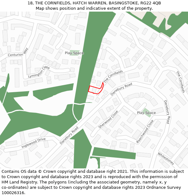 18, THE CORNFIELDS, HATCH WARREN, BASINGSTOKE, RG22 4QB: Location map and indicative extent of plot