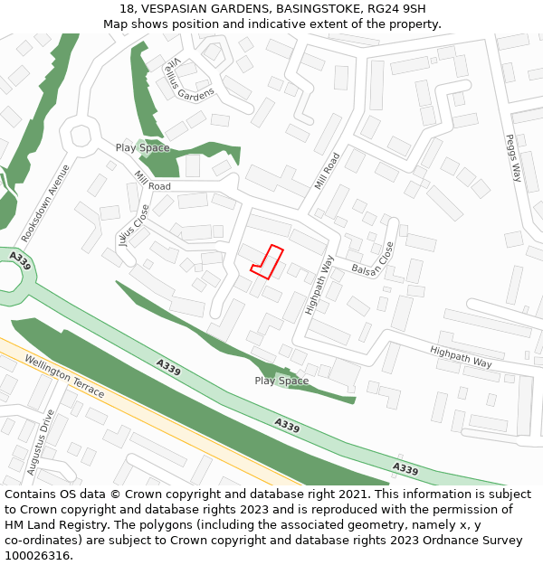 18, VESPASIAN GARDENS, BASINGSTOKE, RG24 9SH: Location map and indicative extent of plot