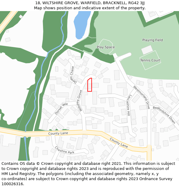 18, WILTSHIRE GROVE, WARFIELD, BRACKNELL, RG42 3JJ: Location map and indicative extent of plot