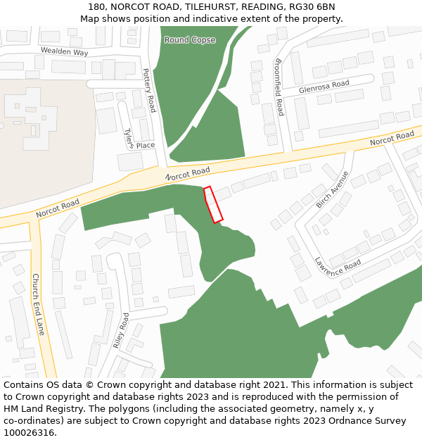 180, NORCOT ROAD, TILEHURST, READING, RG30 6BN: Location map and indicative extent of plot
