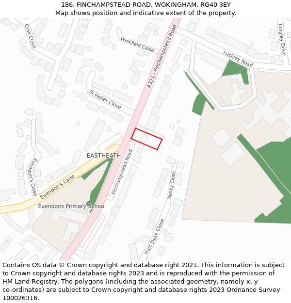 186, FINCHAMPSTEAD ROAD, WOKINGHAM, RG40 3EY: Location map and indicative extent of plot