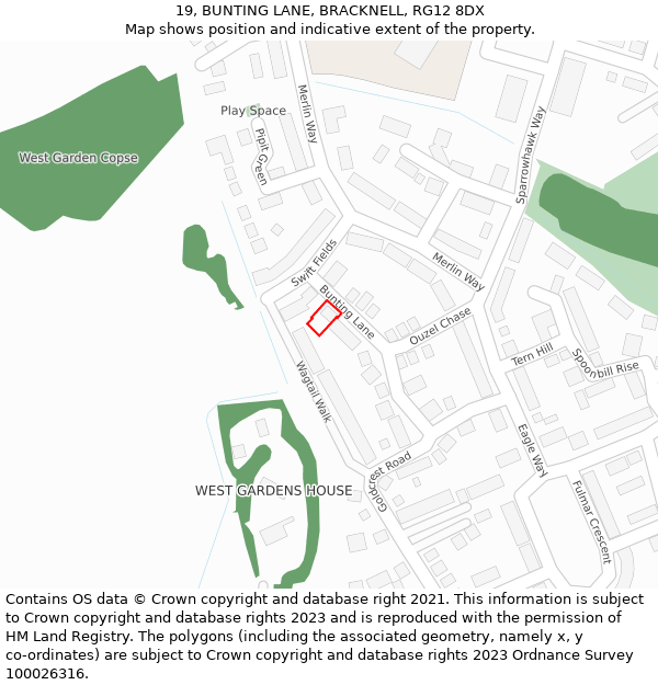 19, BUNTING LANE, BRACKNELL, RG12 8DX: Location map and indicative extent of plot