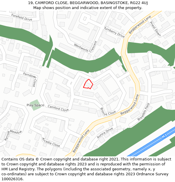 19, CAMFORD CLOSE, BEGGARWOOD, BASINGSTOKE, RG22 4UJ: Location map and indicative extent of plot