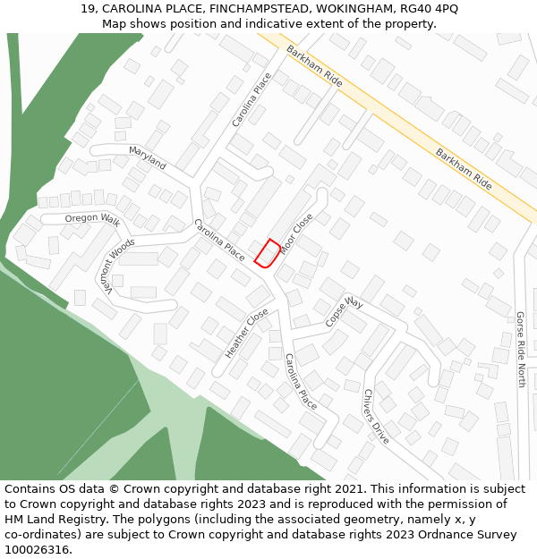 19, CAROLINA PLACE, FINCHAMPSTEAD, WOKINGHAM, RG40 4PQ: Location map and indicative extent of plot