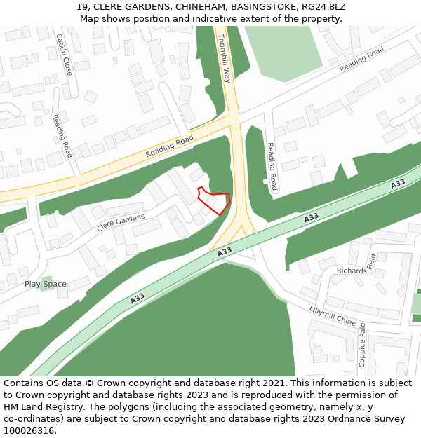 19, CLERE GARDENS, CHINEHAM, BASINGSTOKE, RG24 8LZ: Location map and indicative extent of plot