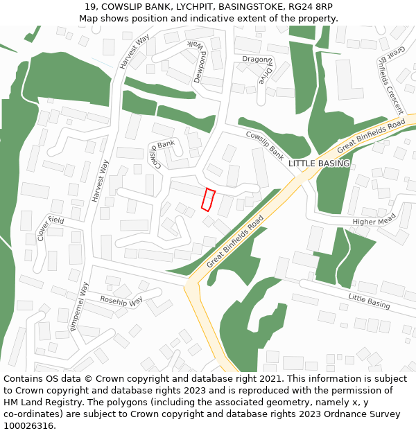 19, COWSLIP BANK, LYCHPIT, BASINGSTOKE, RG24 8RP: Location map and indicative extent of plot