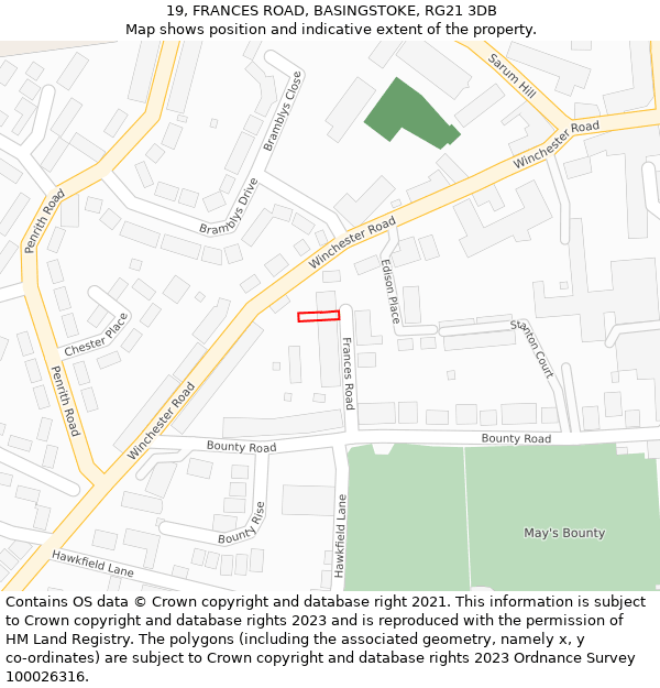19, FRANCES ROAD, BASINGSTOKE, RG21 3DB: Location map and indicative extent of plot