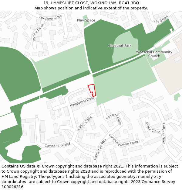 19, HAMPSHIRE CLOSE, WOKINGHAM, RG41 3BQ: Location map and indicative extent of plot