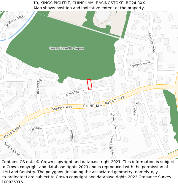 19, KINGS PIGHTLE, CHINEHAM, BASINGSTOKE, RG24 8XX: Location map and indicative extent of plot