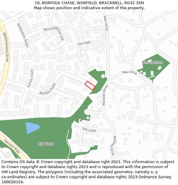 19, NORFOLK CHASE, WARFIELD, BRACKNELL, RG42 3XN: Location map and indicative extent of plot