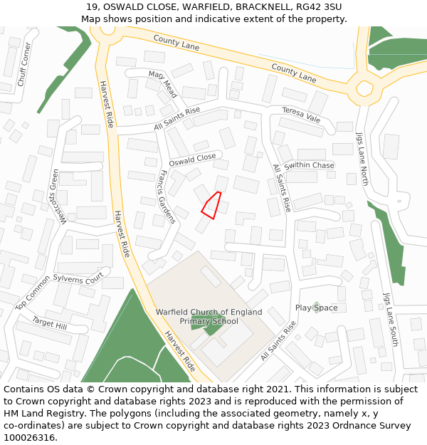 19, OSWALD CLOSE, WARFIELD, BRACKNELL, RG42 3SU: Location map and indicative extent of plot