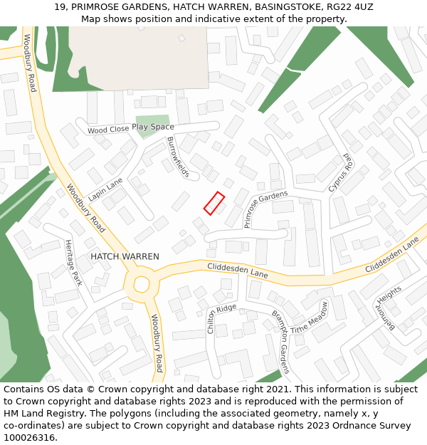 19, PRIMROSE GARDENS, HATCH WARREN, BASINGSTOKE, RG22 4UZ: Location map and indicative extent of plot