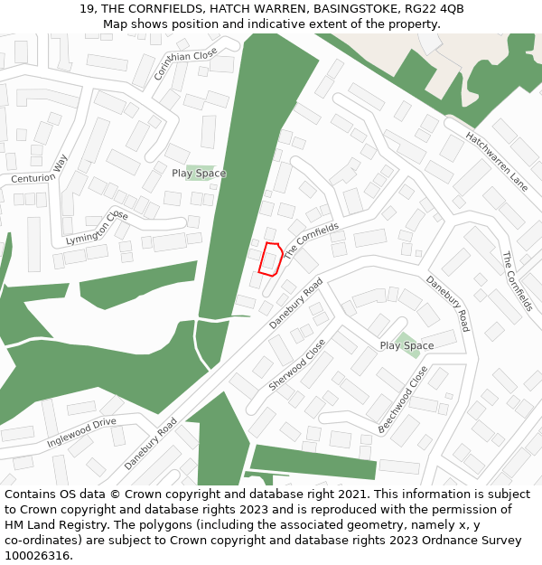 19, THE CORNFIELDS, HATCH WARREN, BASINGSTOKE, RG22 4QB: Location map and indicative extent of plot