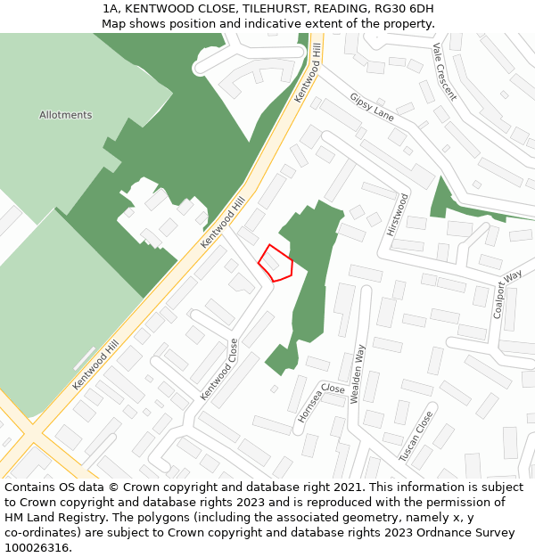 1A, KENTWOOD CLOSE, TILEHURST, READING, RG30 6DH: Location map and indicative extent of plot