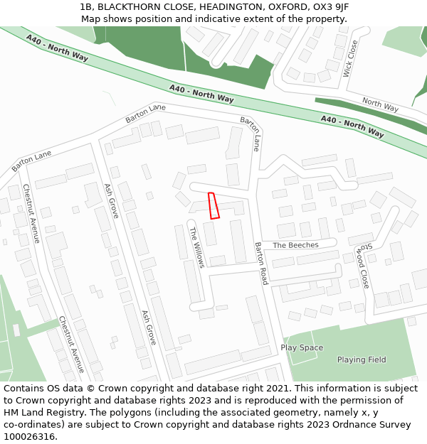 1B, BLACKTHORN CLOSE, HEADINGTON, OXFORD, OX3 9JF: Location map and indicative extent of plot
