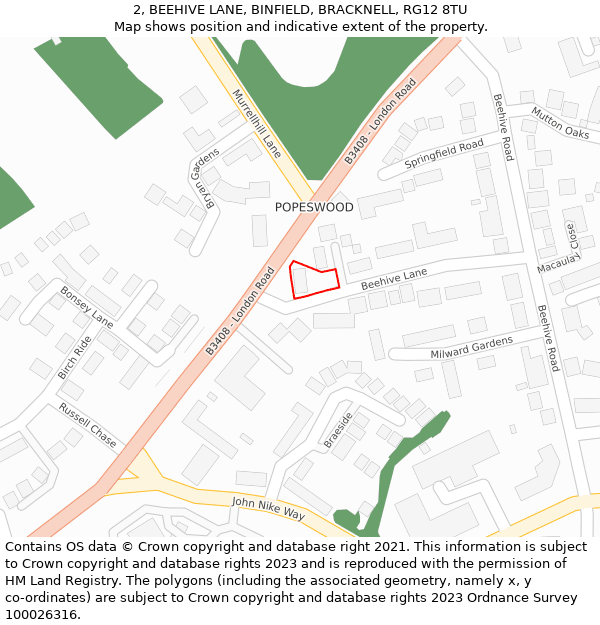 2, BEEHIVE LANE, BINFIELD, BRACKNELL, RG12 8TU: Location map and indicative extent of plot